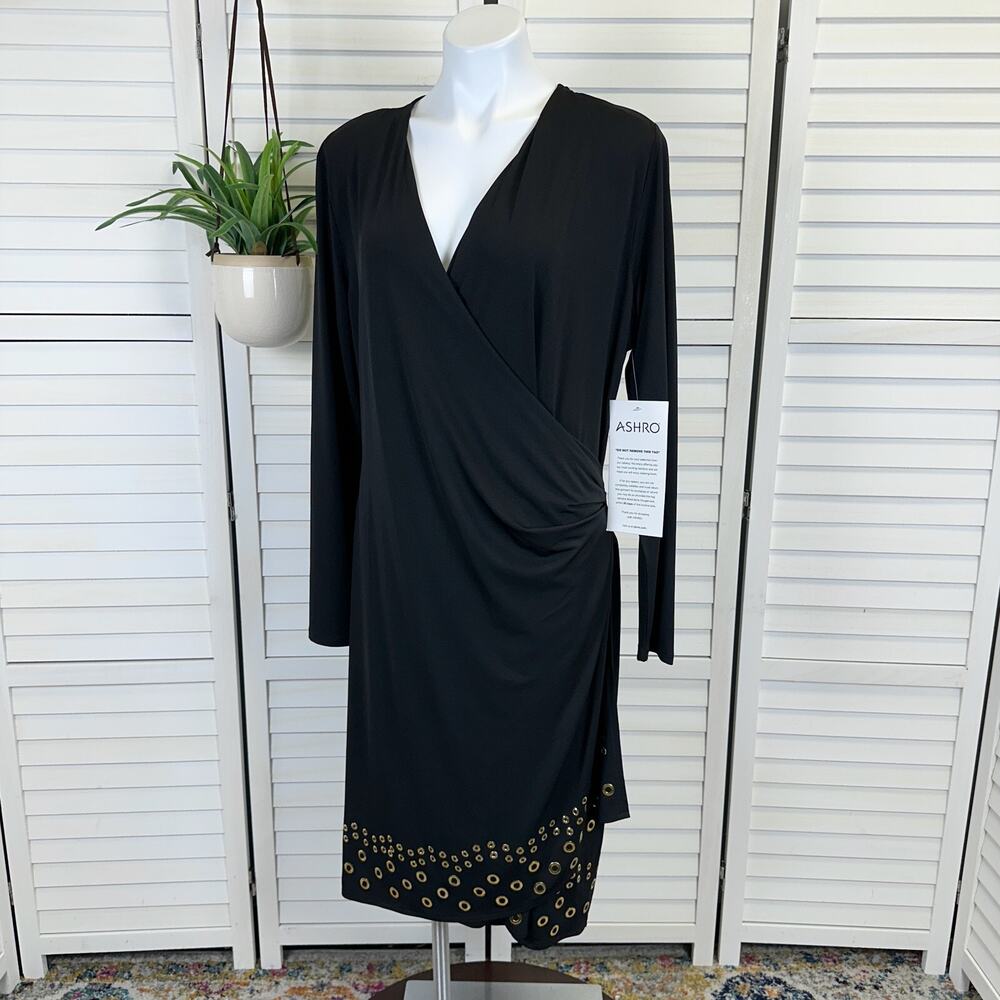 New Ashro Black Faux Wrap Church Dress‎ Grommet Trim Long Sleeve Size XL